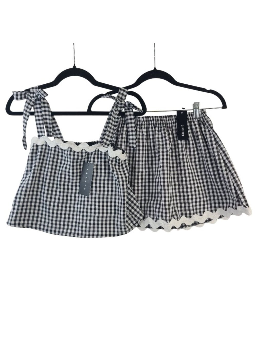 NEW 2 Saints Gingham Two-Piece Skirt Set Scalloped Trim Size S Black & White